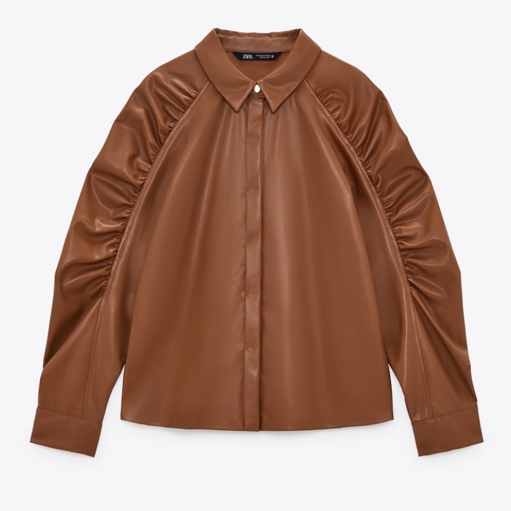 ZARA blogger tan leather puff sleeve button shirt - Picture 6 of 6